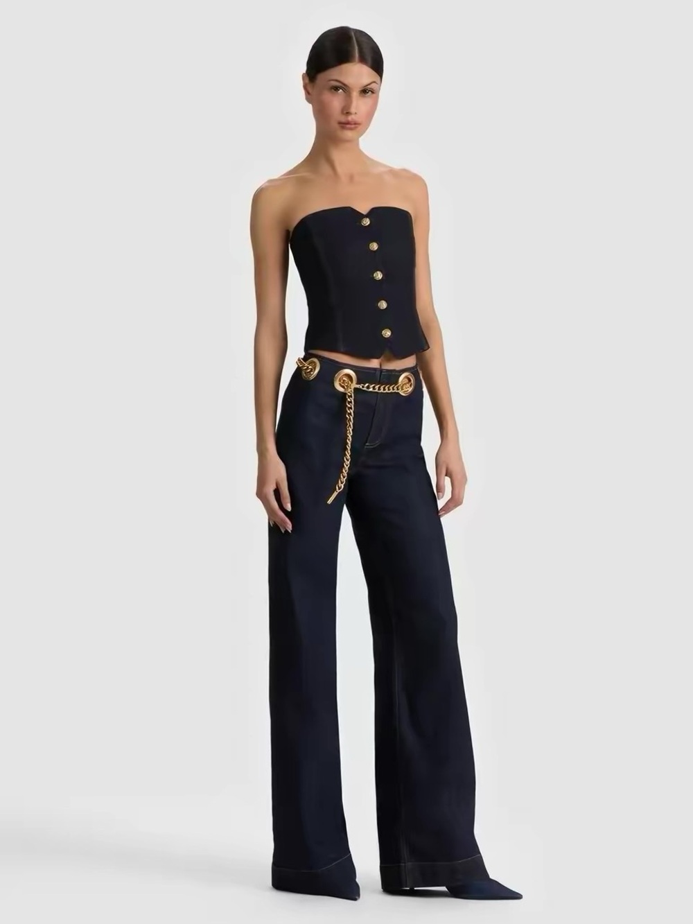 Alice + Olivia JASPER Gold Cutout Chain Embellished Belt Dark Blue Jeans NWOT